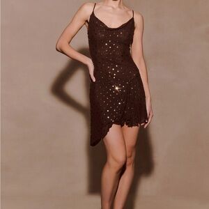 Meshki Brown Sequin Asymmetric Slip Mini Dress